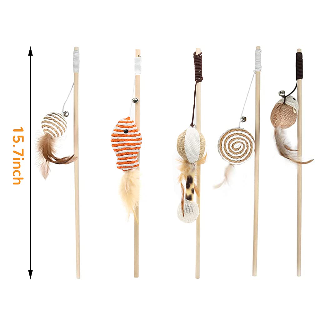 Qpets Premium Cat Toy Interactive Cat Toys Set of 5 Cat Teaser Wand Pet Toy for Cat Activity Fishing Rod with Mouse Natural Feathers Toys for Kittens to Play Cat Games and Toys Mouse Toy