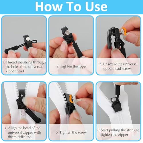 HASTHIP® 12PCS Zipper Puller Repair Kits Instant Zip Slider with Nylon Cords 3-Size Metal Zippers for Sliding Teeth Universal Removable for Bags Garments Replacement