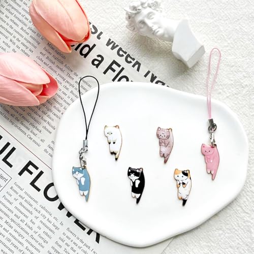 ZORBES® 12PCS Cute Cartoon Kitty Mobile Phone Charms with Line Loop Kawaii Cat for Case Chain Accessories Good Luck Lanyard Women Girls Bag