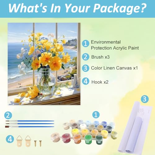 HASTHIP® Paint by Numbers Sunshine Sea House Landscape Acrylic Oil Painting DIY Canvas Art Craft Wall Home Decor Gift Kit with Tools Pigments No Frame 16x20 inches 2PCS