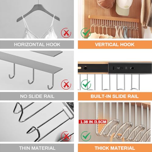 HASTHIP® Belt Organiser for Wardrobe Wooden Sliding Pull Out Hanger Organizer Storage with 12 Hooks to Take Bra Scarf Tie Hat Left Pull Design 41x8cm 3PCS