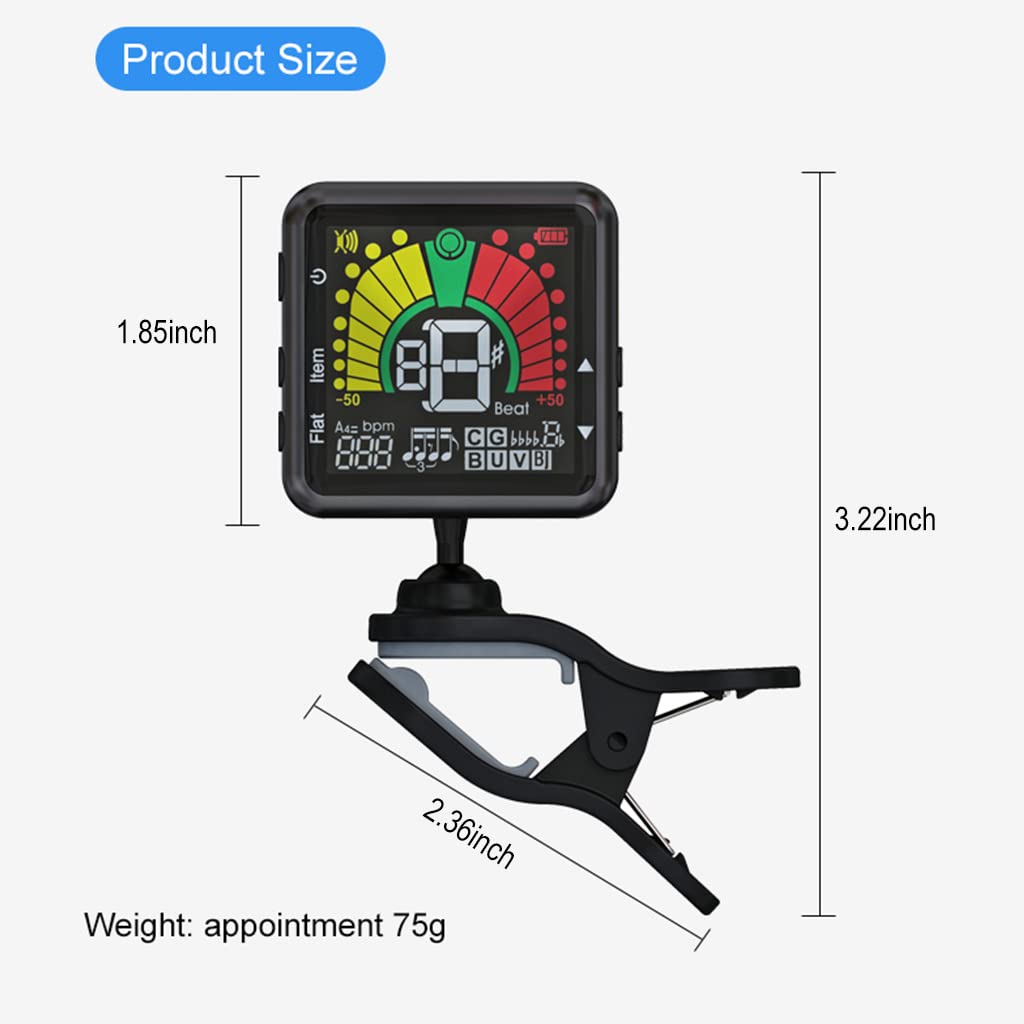ZORBES 2 in 1 Guitar Tuner with Metronome, Clip On Tuner for Guitar, Bass Ukulele, Violin, Banjo, Built-in Battery USB Rechargeable Tuner with Adjustable Arm
