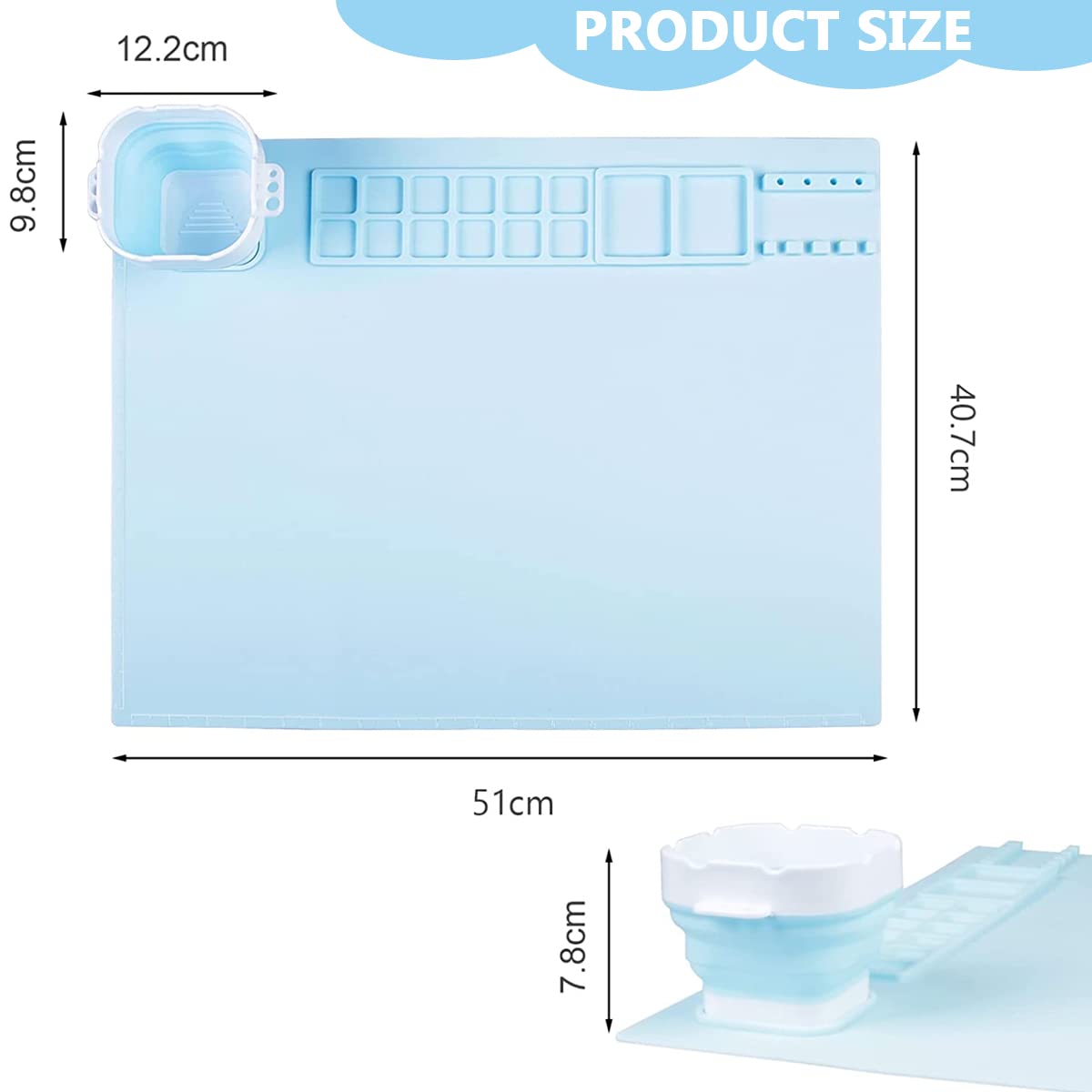 HASTHIP 50*40cm Silicone Craft Mat for Painting Play Doh and Clay for Kids, Non-Stick Multipurpose Silicone Sheet with Cleaning Cup and Color Mixing Plate for Arts and Crafts, Painting, Resin Casting
