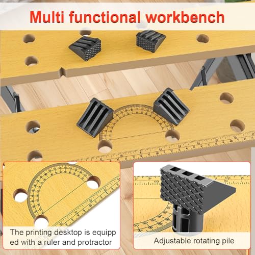 Serplex® Woodwork Bench Portable Wood Workbench, Folding Workbench with Crank Handles, Etched Ruler Design, Multi Work Bench with Tool Storage Slots, for Sawing, Drilling, Sanding,