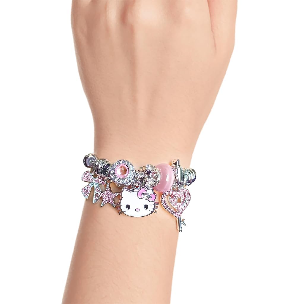 SANNIDHI Kawaii Girls Bracelet Cute Hello Kitty Bangle Pink Reshinestone Shining Girls Bangle Friendship Bracelet Stainless Steel Adjustable Hello Kitty Bangle for Girls Jewelry Gift for Girls