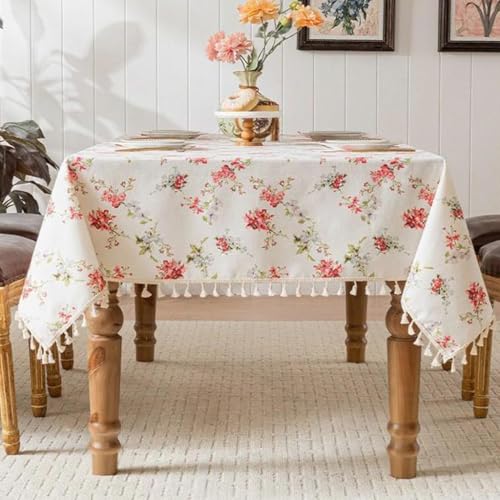 HASTHIP® 47.2 x 70.8 inch Table Cloth 4 Seater - Linen with Tassel Elegant Cotton-Linen Blend Dining Table Cover Decorative Table Protector for Kitchen, Dining Room & Outdoor Use, Red