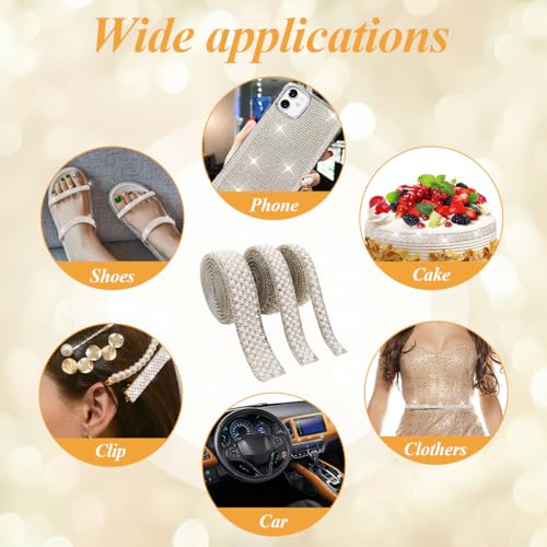 HASTHIP® 3 Rolls DIY Pearl Rhinestone Ribbon Tape 1cm 1.5cm 2cm Self-Adhesive Glittering Strips for Bag Art Decoration Scrapbook 1 Yard Per Roll 2PCS