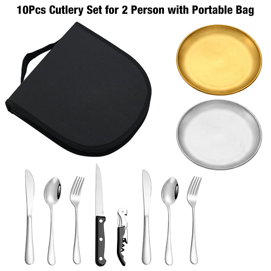 Proberos 10Pcs Cutlery Set for 2 Person with Portable Bag, Food-Grade Stainless Steel Picnic Set Include Plate Knife Fork Spoon Opener Wine Opener, Lightweight Cutlery Set for Camping Picnic Travel