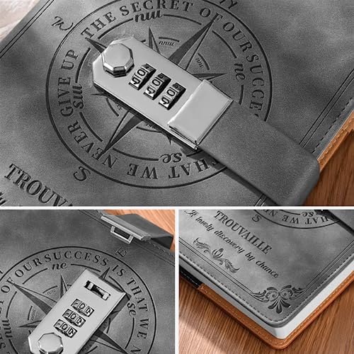 HASTHIP® Diary with Lock 200 Pages A5 PU Leather Journal Password Protected Notebook for Men and Women 22 x 15 cm Grey 2 PCS