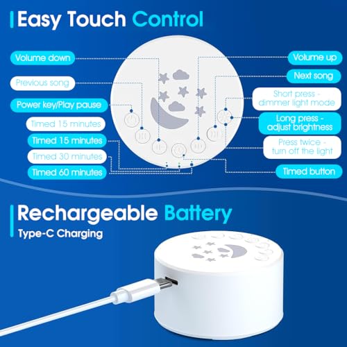 ZORBES® White Noise Machine for Baby, 7 Color Night Light, Sleep Aid White Noise Speaker with 18 Soothing Melodies, Auto Off Timer Memory Function, USB Rechargeable Noise Sound Machine, 40x47mm