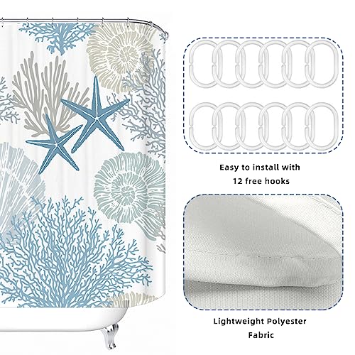 HASTHIP Shower Curtain, 180 * 180CM Starfish Seashell Coral Beach Bath Curtain Ocean Themed Underwater Marine Decor for Bathroom with 12 Hooks, Style A