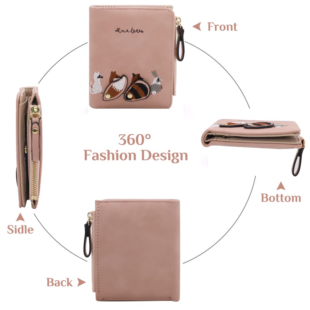 PALAY Wallets for Women Stylish PU Leather Coins Zipper Pocket Cute Mini Animals Embroidery Short Wallet Card Holder Billfold Purse Wallet Gift for Girls (Pink)