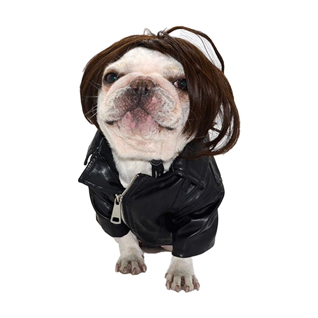 Qpets Funny Dog Wig with Adjustable Chin Strap Pet Funny Wig for Halloween, Festival, Party Straight Brown Hairpiece for Dog Party Dress Up for Dog