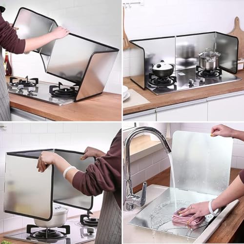 HASTHIP Kitchen Oil Splash Guard Reuseable Oil Splash Guard One-Piece Dual Stove Oil Splash Guard Aluminum Foil Oil Splash Guard for Twin Stove Oil Splash Proof Screen Board, 76x29.5x30cm