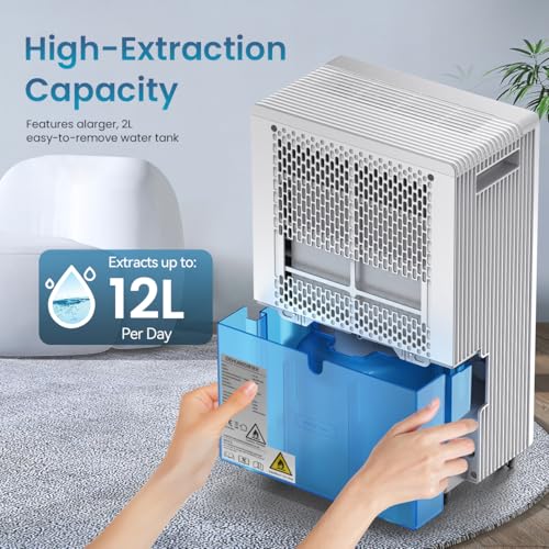 HANNEA® Dehumidifier for Home 250W 12L/day Dehumidifier with Drain Hose Up to 350 ft² Coverage Ideal for Basement Bedroom Bathroom Intelligent Humidity Control Auto Defrost, 24H Timer
