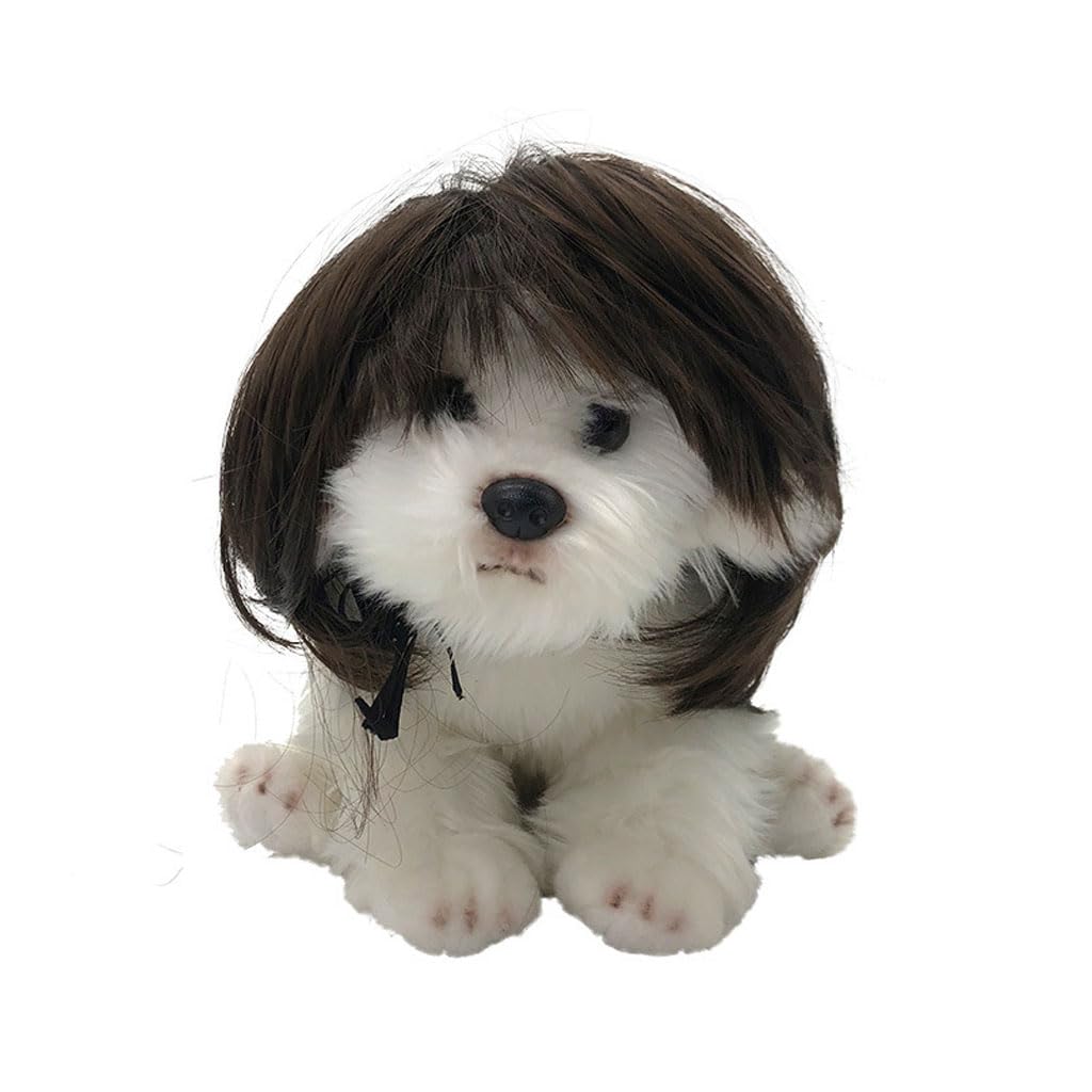Qpets Funny Dog Wig with Adjustable Chin Strap Pet Funny Wig for Halloween, Festival, Party Straight Brown Hairpiece for Dog Party Dress Up for Dog