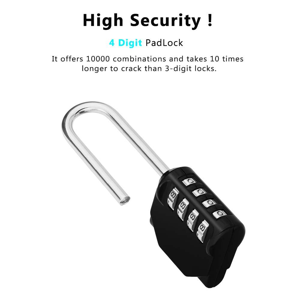 HASTHIP Black XX Luggage Lock with 4 Digit Combination,Long Shackle Padlock and Outdoor Waterproof Resettable Heavy Duty Long Padlock for Lockers,Outdoor Fence,Shed,Garage