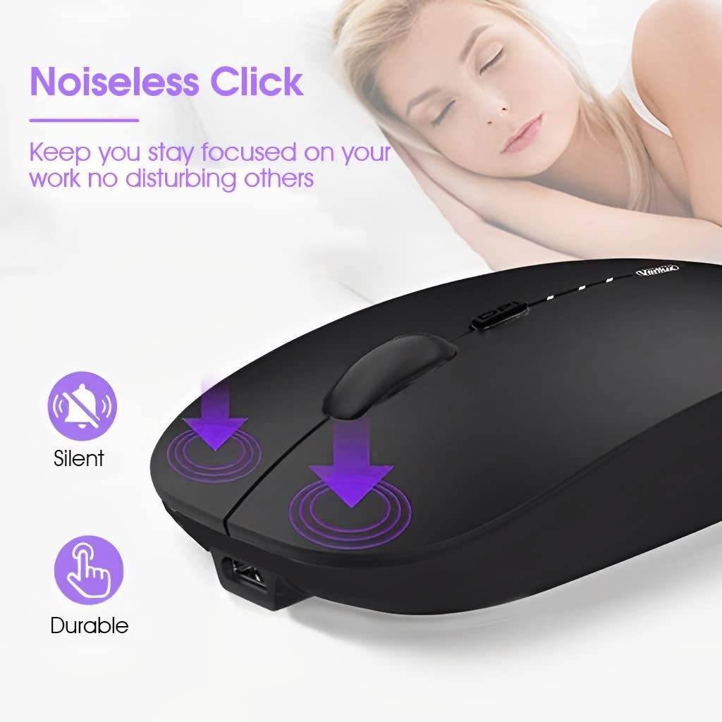 Verilux Wireless Mouse Rechargeable, Upgraded Ultra Slim 2.4G Silent Cordless Mouse Computer Mice 1600 DPI with USB Receiver for Laptop PC Mac MacBook, Windows (Black+Battery Level Visible)