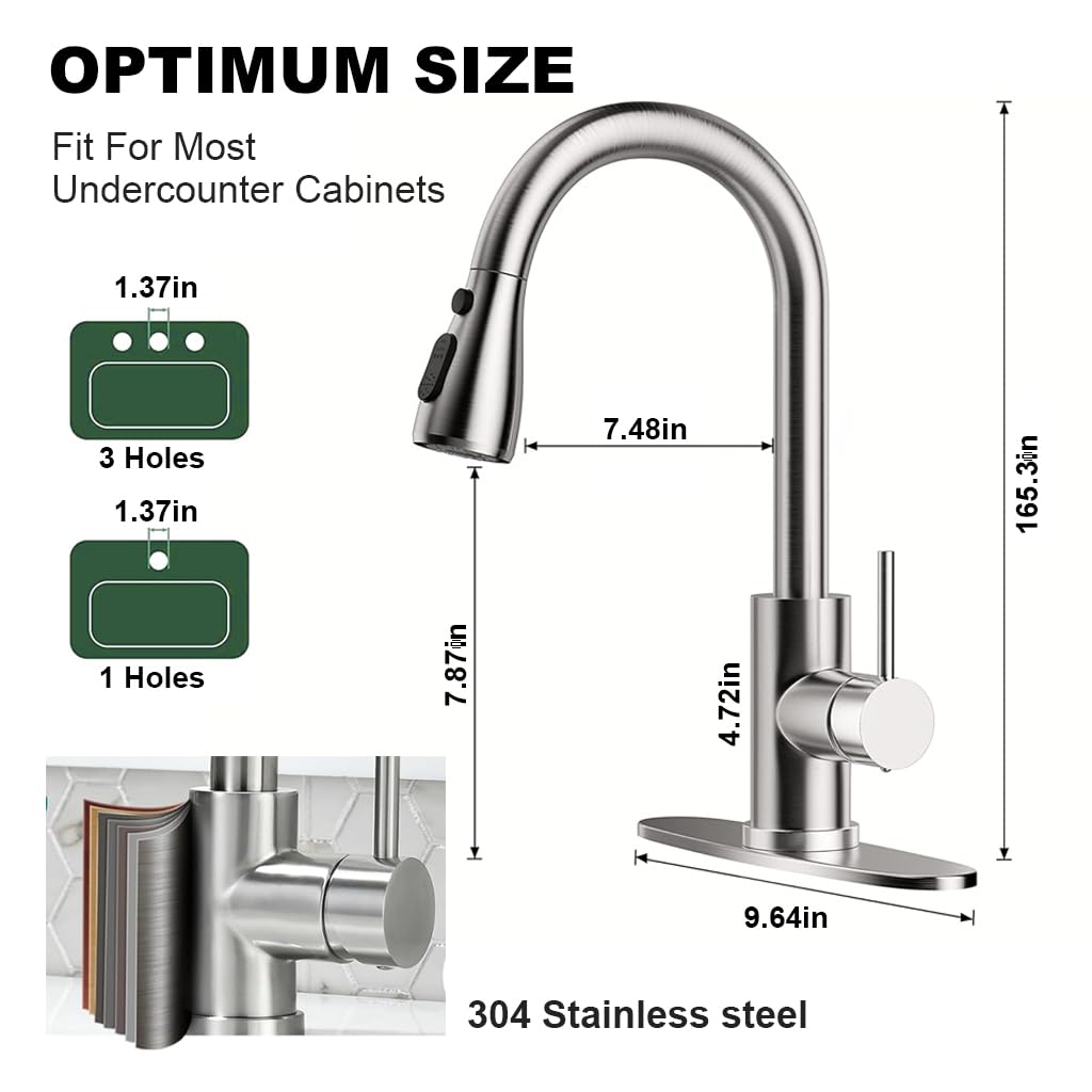 Serplex Kitchen Faucet 23.6 inches Telescopic Water Spout with 2 Spray Mode 304 Stainless Steel Kitchen Water Fuacet with Automatic Retraction Design One Button Water Stop Function
