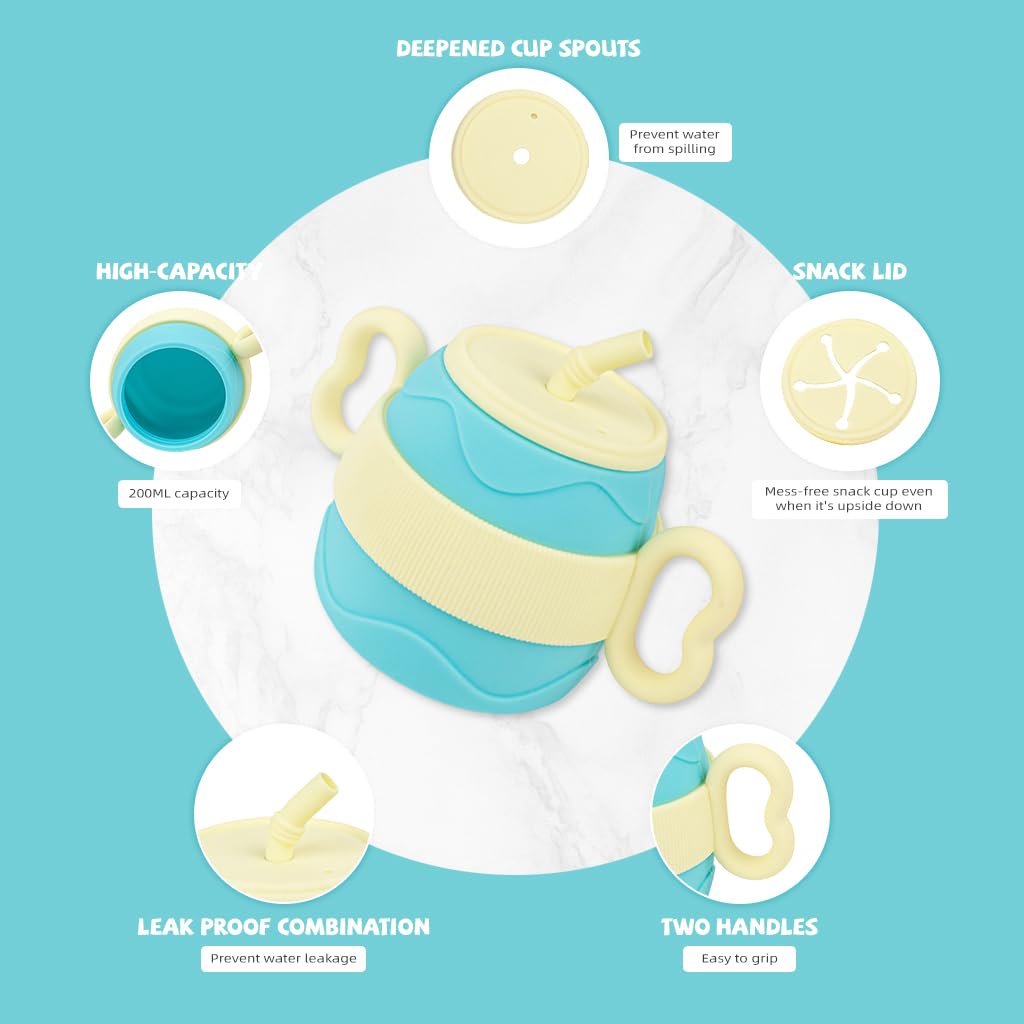SNOWIE SOFT Silicone Cup for Baby 200ml Portable Silicone Training Cup with Ears Baby Cup with 2 Lids, Soft Silicone Straw Bottle for Kids, BPA-Free, Spill Proof Non-Slip Sippy Cup for Toddlers