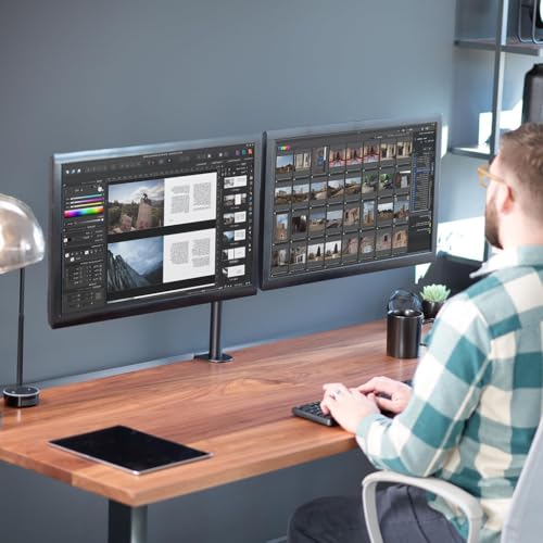 ZIBUYU® WALI Dual Monitor Desk Mount Stand For 2 Screens Up To 27 Inch, Max 22lbs Per Arm, Fully Adjustable Heavy Duty, 360° Rotation, Ergonomic Space Saving, C-Clamp/Grommet, Office/Home/School, M002, Black