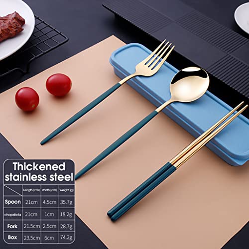 HASTHIP 3 Pcs Premium Gold Stainless Steel Fork Spoon Chopsticks, Portable Utensils with Box, Travel Camping Cutlery Set, Stainless Steel Flatware Set (Blue)