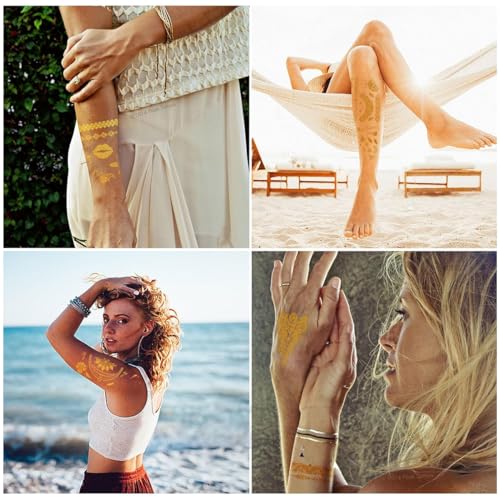 MAYCREATE 9 Sheets Temporary Tattoo for Women and Men Golden Tattoo Sticker Waterproof Assorted Temporary Tattoo Forearm Tattoo for Body Art Arm Hand Neck Tattoo