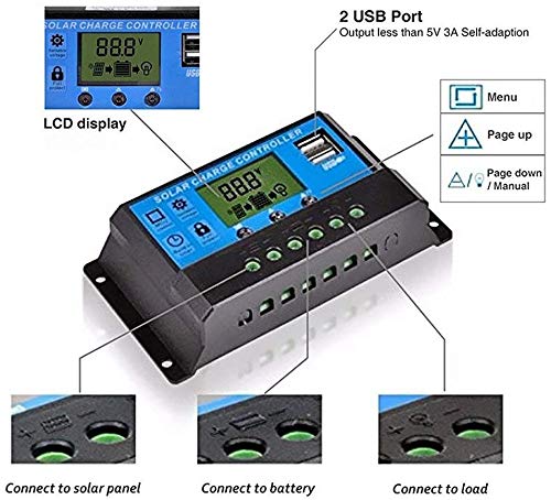 ZORBES Eachbid 10A 12V 24V ABS Solar Panel Charger Controller Battery Regulator Dual USB LCD Display (Blue)