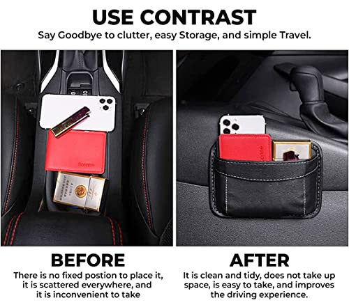 STHIRA® 2 Pcs Car Organizer Pouch Compact PU Leather Self-Adhesive Storage Bag for Seat Side, Phones, Keys, Cables, Accessories, Universal for Cars, Office, Home, Black, Red 17x12cm
