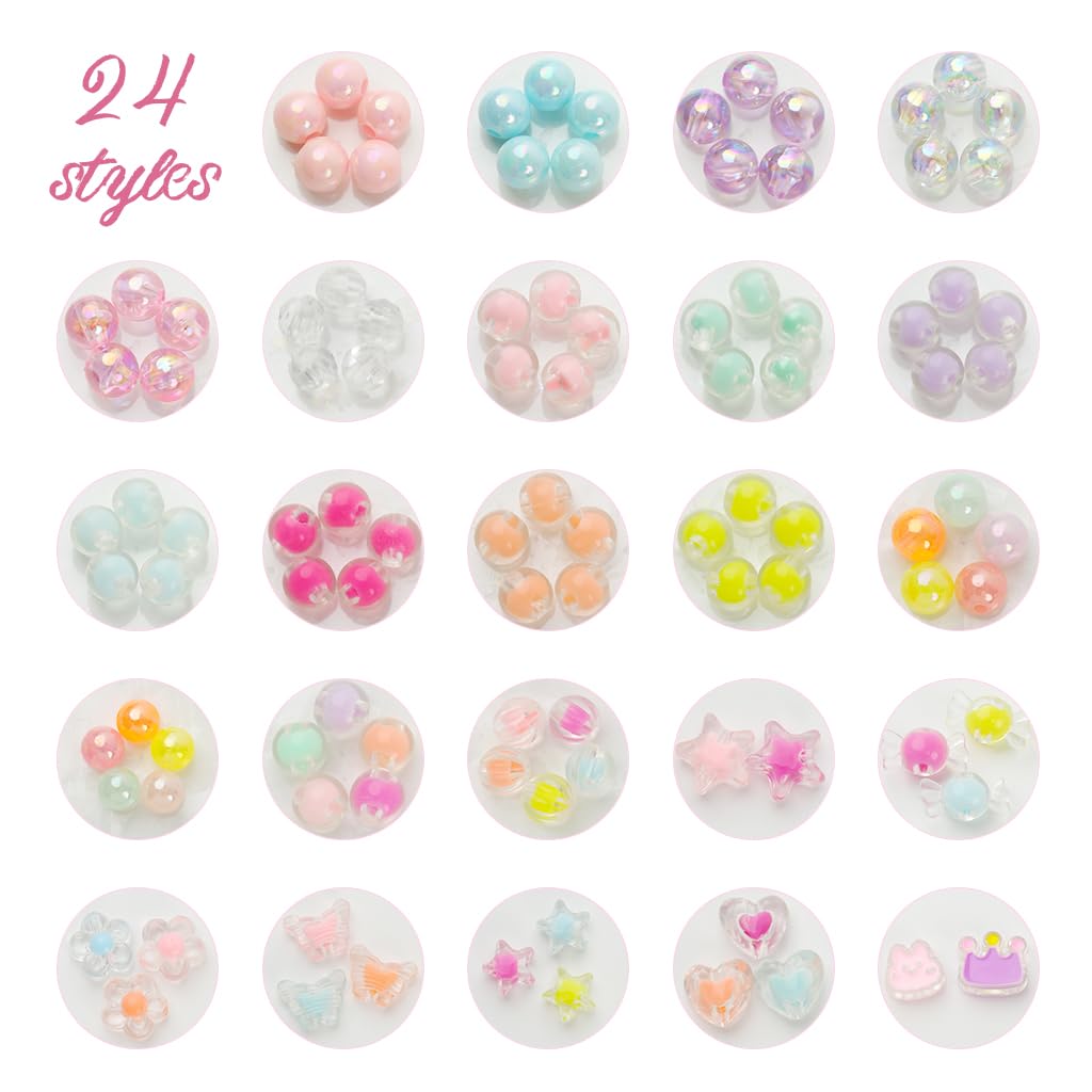 SANNIDHI 500Pcs Candy Cute Beads, Clear Acrylic Pearl Beads for Bracelet Making, Assorted Shiny Colourful Beads, Aesthetic Round Flower Heart Beads for Jewelry Making Girls Kids DIY Necklace Hairband