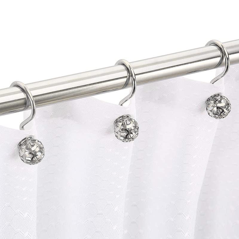 HASTHIP 12 Pack Silver Shower Curtain Hooks Rings, Metal Rustproof Shower Hangers Rings, Household Shower Curtain Hooks for Bathroom Curtains Rods Hollow Ball Design