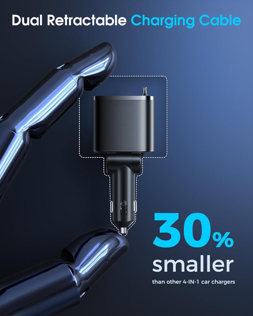 STHIRA Car Charger 4 in 1 PD 30W Car Fast Charger with Dual Retractable Charging Cable Design 180 Degree Rotation Car Mobile Charger Universal Car Charger with Cable for Phone, Tablet, GPS
