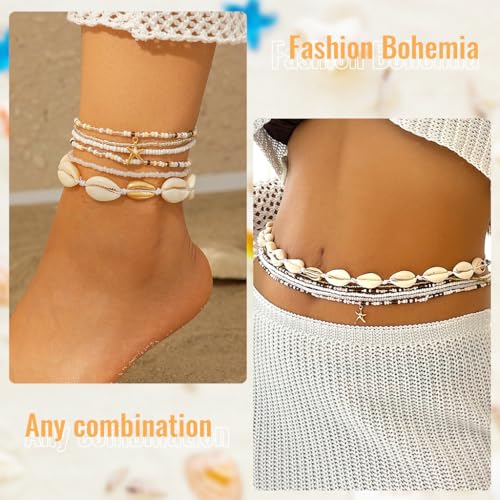 SANNIDHI® 12PCS Boho Waist Chains Seashell Charm Beaded Layered Belly Chain Wear Beach Fashion Jewelry Kamarband Dance