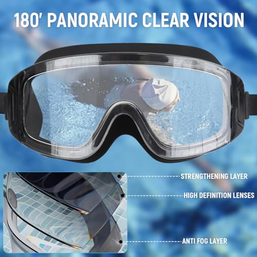 Proberos® Swim Goggles Men Women with Ear Plugs Big Frame Leakproof Swimming Anti-Fog Diving Professional UV Protection 3PCS