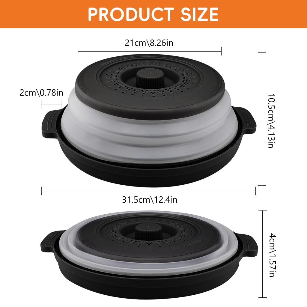 HASTHIP 10.6 inch Microwave Plate Cover, Collapsible Food Plate Lid with Top Steam Vent and Gripper, Strainer for Fruit, Microwave Lid Food Splatter Cover, BPA Free, Microwave Safe Material (Black)