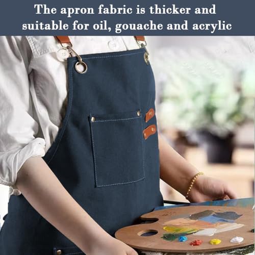 HASTHIP® Canvas Work Apron for Men Women Dark Blue Adjustable Tie-Back Multiple Front Pockets Metal Eyelets Heavy Duty Kitchen Barista Woodwork Workshop Stain Tear Resistant 2PCS