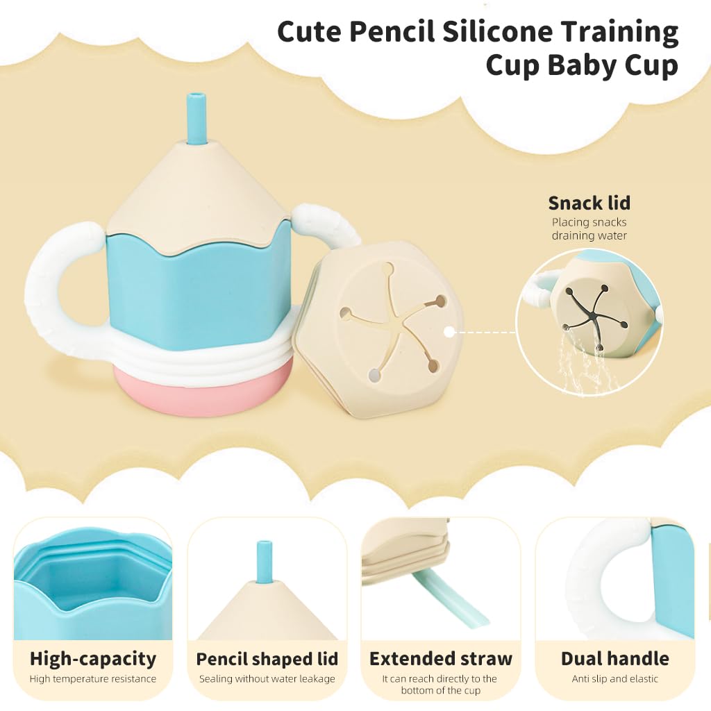 SNOWIE SOFT Silicone Cup for Baby Portable Silicone Training Cup with Ears Baby Cup with 2 Lids, Soft Silicone Straw Bottle for Kids, BPA-Free, Spill Proof Non-Slip Sippy Cup for Toddlers