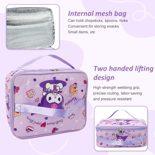 HASTHIP® Cotton Kuromi Insulated Bento Box Lunch Bag 11.4x8.3x3.9 Inch Multi-Purpose Waterproof Dual-Handle Design Office Storage for Kids Students Adults Purple 2PCS