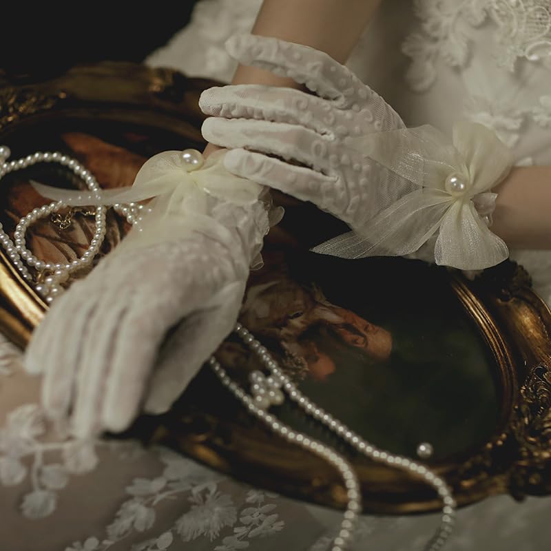 PALAY Wedding Gloves for Bride White Lace Gloves for Women Hand Gloves for Girls White Net Gloves, Elegant Bridal Tulle Gloves Flower Banquet Bowknot Pearl Cuffs White Bridal Wedding Diwali Halloween