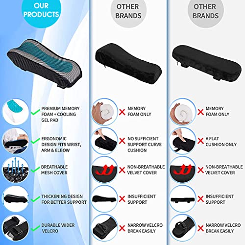 HANNEA® 4PCS Chair Armrest Pads For Office Gaming Cover Cooling Gel Ergonomic Elbow Pillow Memory Foam Rest Pressure Relief Thick Support Cushion Black