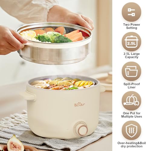 Bar® Electric Kettle for Cooking with Steamer 2.5L Electric Cooker Non-Stick Electric Rice Cooker Adjustable 800W Power Multifunctional Cooker for Frying, Steaming, Boiling