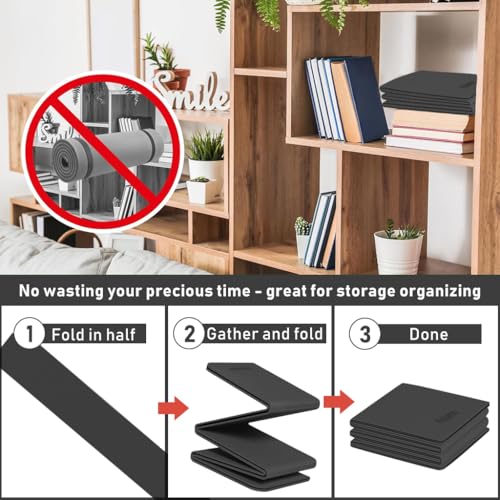 Proberos® Folding Yoga Mat with Carry Bag TPE Yoga Mat Anti-Slip 5mm Thicken Fitness Yoga Mat for Men Women Pilates Mat for Home Workout, Gym, Travel, 72x24 inches, Black