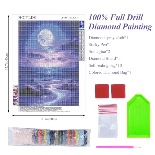 HASTHIP® DIY 5D Diamond Painting Art Kit Dreamy Beach Purple Moonlit Night Beginner for Home Decor No Frame Wall 12 x 16 Inch 3 PCS