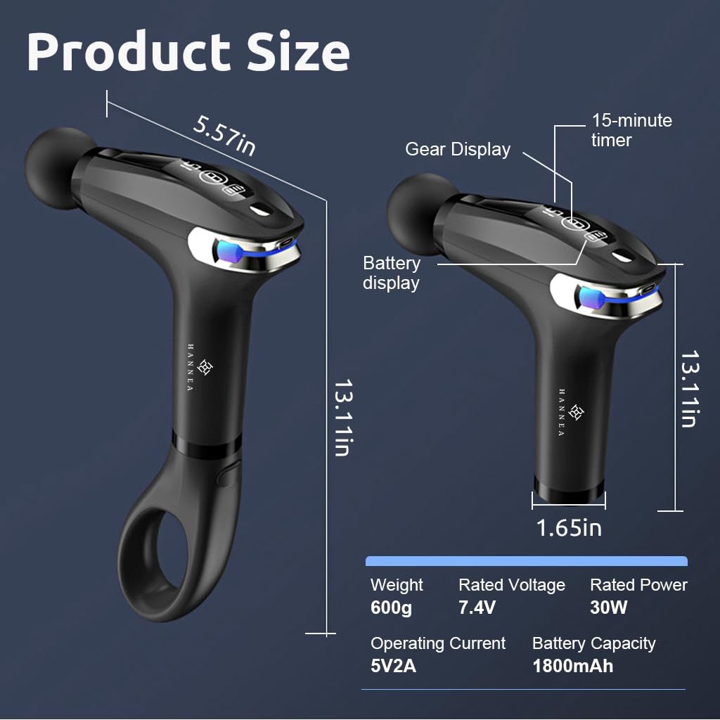 HANNEA Fascial Gun Cordless Electric Deep Muscle Stimulator with 4 Massager Attachment, 8 Intensity Levels Electric Massager Deep Muscle Relaxation Muscle Massager Travel Fascial Gun with Bag