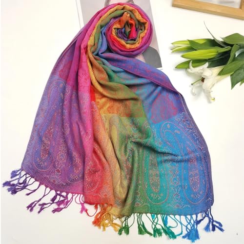 PALAY Women Shawl Long Scarf Shawl Aesthetic Color Jacquard Tassels Wraps Shawls Silk-touch Long Scarf Shawl Women Beach Wraps Beach Cover Ups, 70x200cm