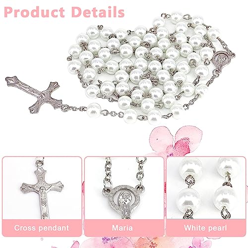 SANNIDHI® Pearl Necklace for Women Men Cross Pendant with 8Mm Rosary Beads Chain Catholic Prayer Gift Girls Locket Pack in Engraved Metal Box 3PCS