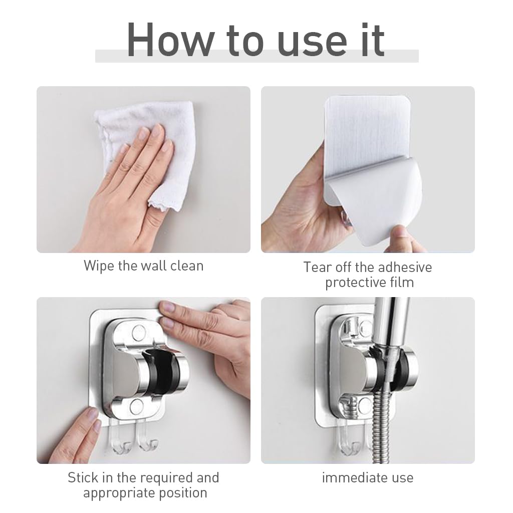 HASTHIP Shower Head Holder Wall Mount Shower Head Holder with Hanger Hooks Adjustable Shower Wand Holder Self Adhesive Shower Head Holder