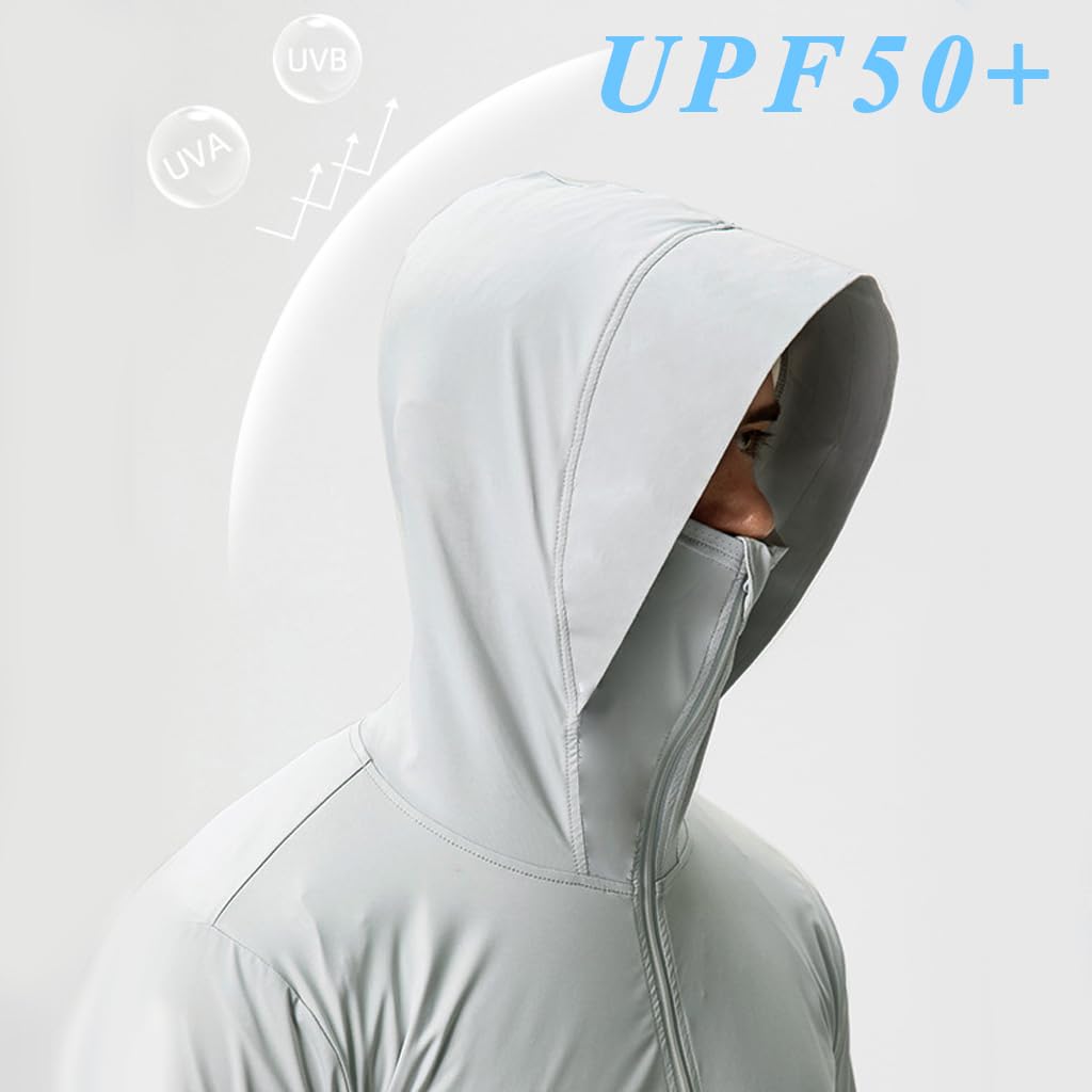 GUSTAVE Men's UPF 50+ Full Zip Light Jacket Hooded Sun Protection Cooling Long Sleeve Shirt with Pockets for Hiking Fishing Outdoor, XL