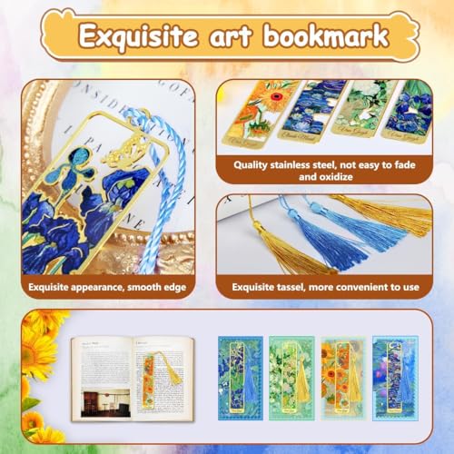 OFIFO® Metal Bookmark Set of 4 with Tassel Gold Hollow Van Gogh Design Artistic Book Marker for Readers Unique Gift Lovers Students Men Women Kids 3PCS