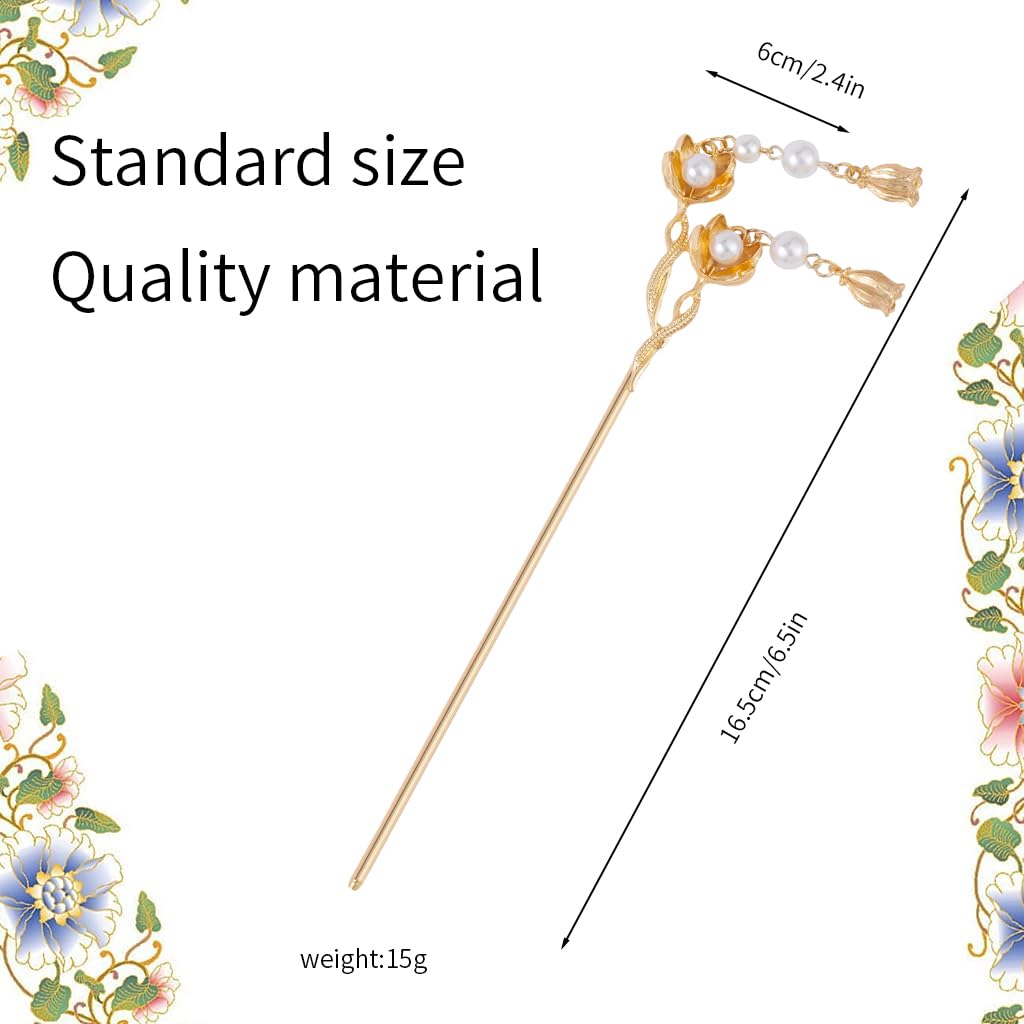 MAYCREATE Floral Hair Pins for Women Girls, Gold Metal Hair Stick for Buns, Pearl Pendent Hair Bun Stick, Elegant 6.4'' Juda Pin Hairpin Hair Accessories for for Updos, Buns